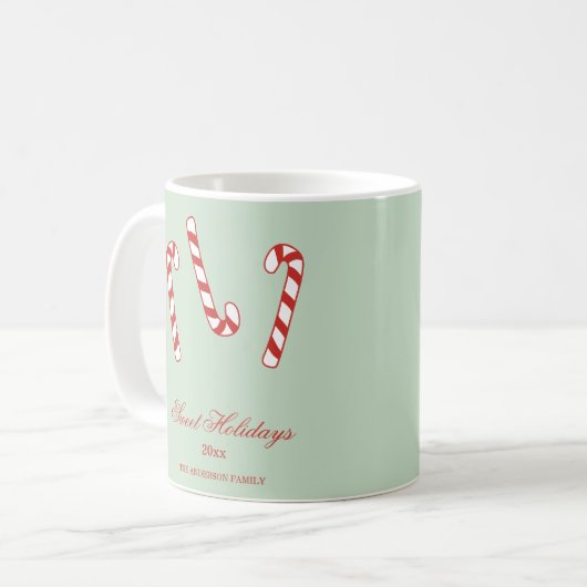 Red, Green und White Candy Cane Weihnachtsmuster Kaffeetasse (Vorderseite Links)