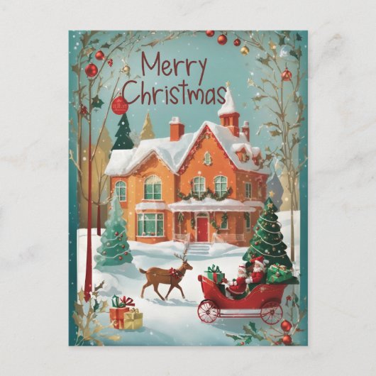 Red Green Vintag Santa Sleigh Weihnachten Postkarte (Vorderseite)