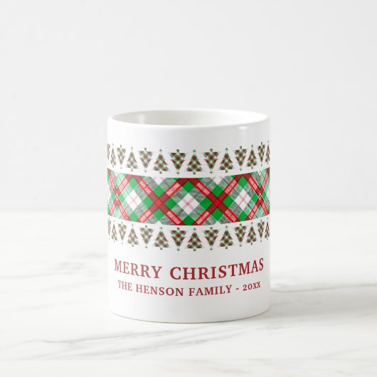 Red Green Vintage Christmas Tree Plaid Pattern Kaffeetasse (Mittel)