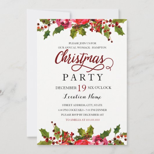 Red Green Watercolor Holly Leaf Weihnachtsgebäck P Einladung (Vorderseite)