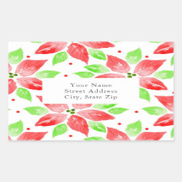 Red Green Watercolor Poinsettia Muster Labels Rechteckiger Aufkleber