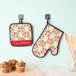 Red Green Watercolor Poinsettia Muster Ofenhandschuh & Topflappen-Set