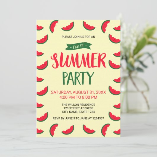 Red Green Watermelon Ende Sommer Party Einladung (Stehend Vorderseite)