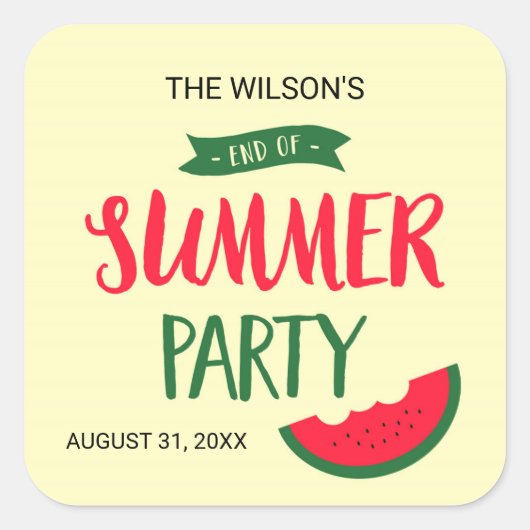Red Green Watermelon Ende Sommer Party Quadratischer Aufkleber (Vorderseite)