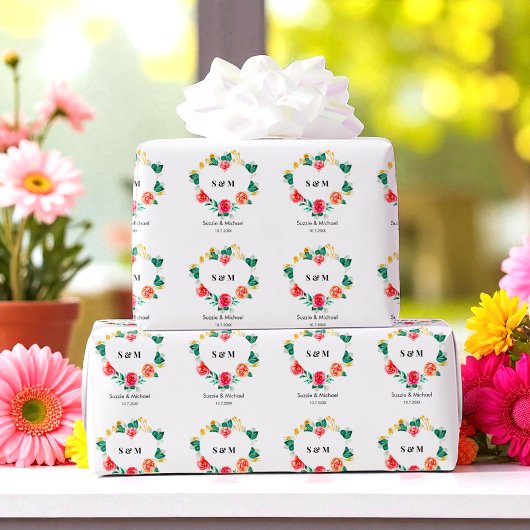 Red Green Wedding Heart Floral Geschenkpapier