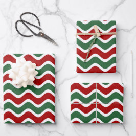 Red Green White Christmas Wave Stripes Geschenkpapier Set