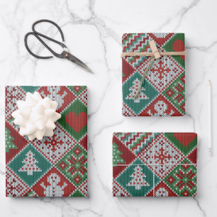 Red Green White Imitats Strick Weihnachtsmuster Geschenkpapier Set