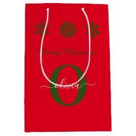 Red Green White Monogram Script Frohe Weihnachten Mittlere Geschenktüte