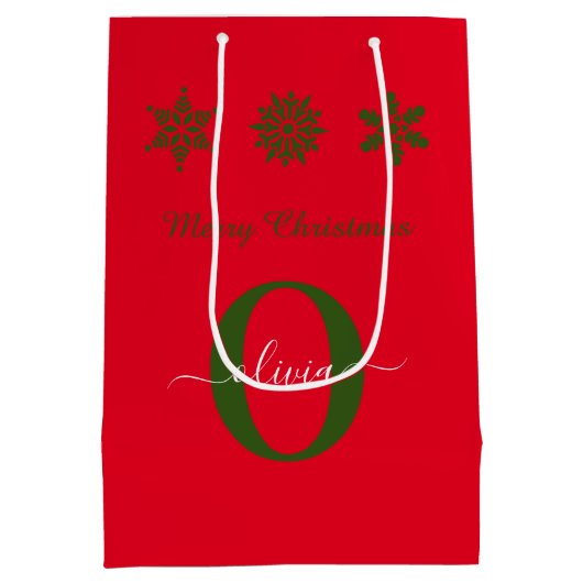 Red Green White Monogram Script Frohe Weihnachten Mittlere Geschenktüte (Rückseite)