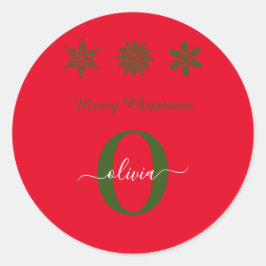 Red Green White Monogram Script Frohe Weihnachten Runder Aufkleber
