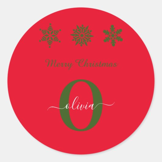 Red Green White Monogram Script Frohe Weihnachten Runder Aufkleber (Vorderseite)
