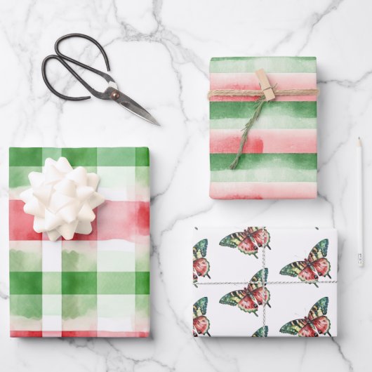 Red Green White Stripes Birthday Geschenkpapier Set (Vorderseite)
