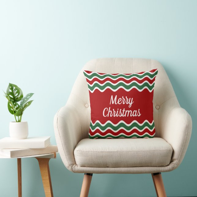Red Green White Wave Stripes Frohe Weihnachten Kissen (Stuhl )