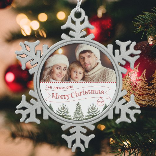 Red Green White Winter Tree Frohe Weihnachten Schneeflocken Zinn-Ornament