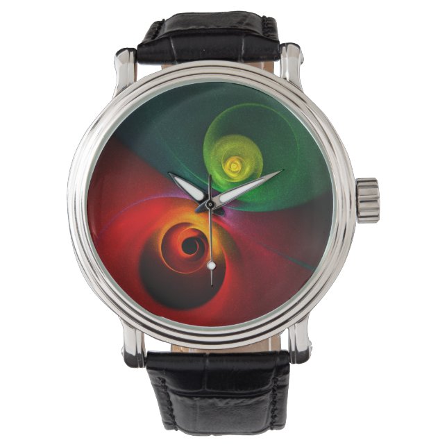 Red Green Yin Yang Modernes Abstraktes Kunstmuster Armbanduhr (Vorderseite)