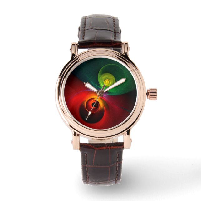 Red Green Yin Yang Modernes Abstraktes Kunstmuster Armbanduhr (Vorderseite)