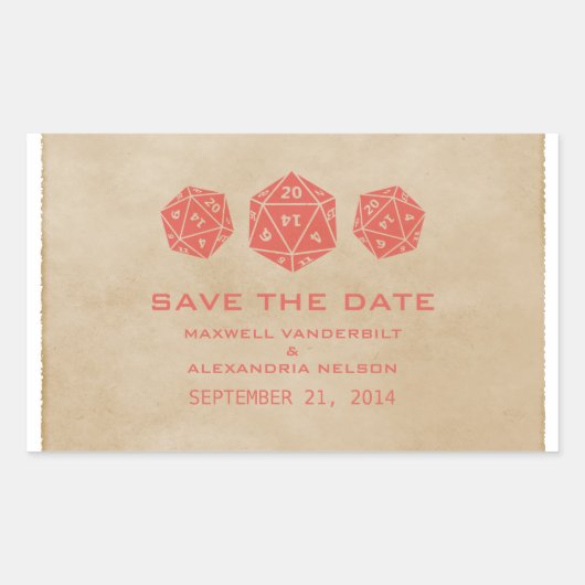 Red Grunge D20 Dice Gamer Save the Date Stickers (Vorderseite)