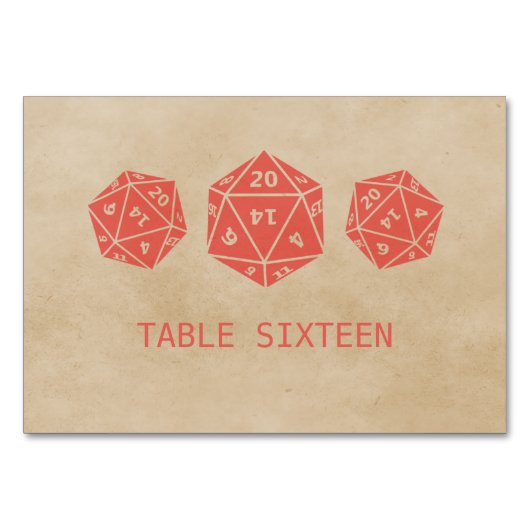 Red Grunge D20 Dice Gamer Table Card Tischnummer (Vorderseite)