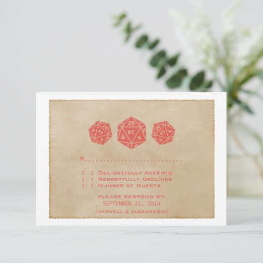 Red Grunge D20 Würfel Gamer Response Card RSVP Karte (Stehend Vorderseite)
