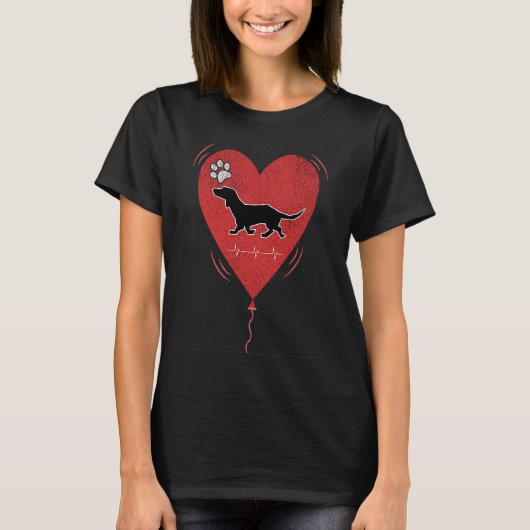 Red Grunge Heart Dachshund Heartbeat Valentine Bal T-Shirt (Vorderseite)