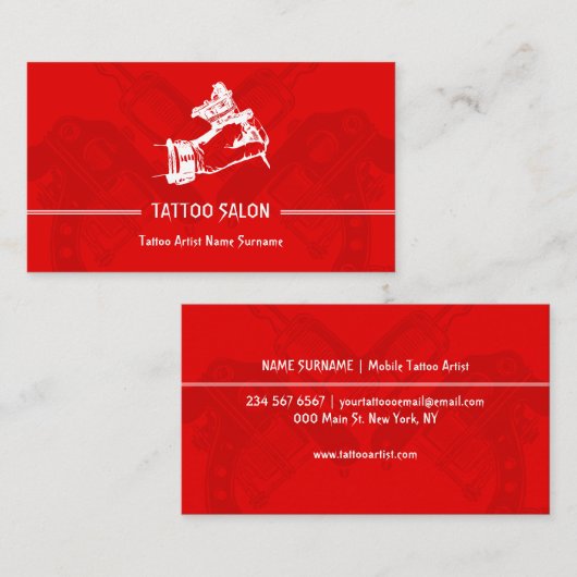 Red Gun Pen Minimalistisch Moderne Tattoo Visitenkarte (Vorne/Hinten)