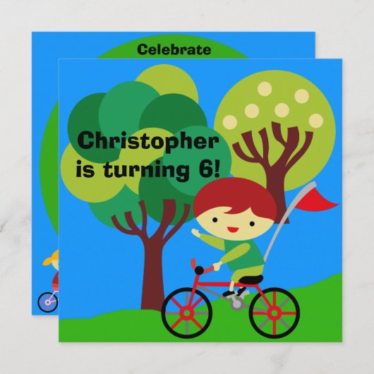 Red Hair Boy on Bicycle Birthday Einladung (Vorne/Hinten)