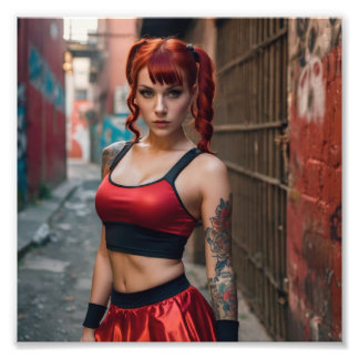 Red Hair Cheerleader Tattooed Girl in Alleyway Fotodruck