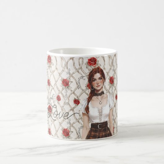 Red Hair Female Roses Faux Wood Floral Love Kaffeetasse (Mittel)