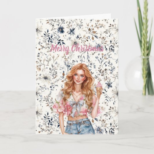Red Hair Girl Blue Floral Christmas Karte (Vorderseite)