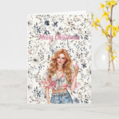 Red Hair Girl Blue Floral Christmas Karte (Gelbe Blume)