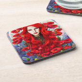 Red Hair Girl In Poppy Blume Fantasy Art Getränkeuntersetzer (Linke Seite)