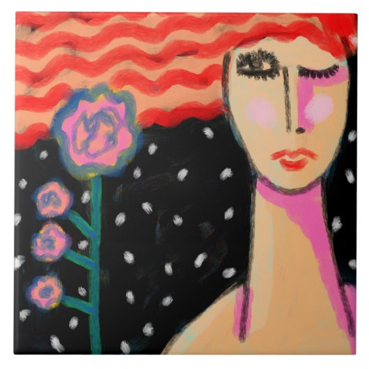 Red Hair Pink Roses Abstract Art Fliese (Vorderseite)