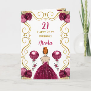 Red Hair Princess Burgundy Happy Birthday Karte