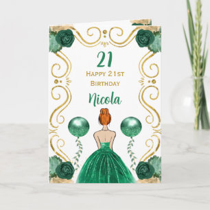 Red Hair Princess Green Happy Birthday Karte
