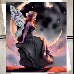 Red Hair Watercolor Moon Fairy Card Karte
