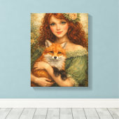 Red-Haired Girl Holding a Fox Woodland Fantasy Leinwanddruck (Insitu (Holzboden))