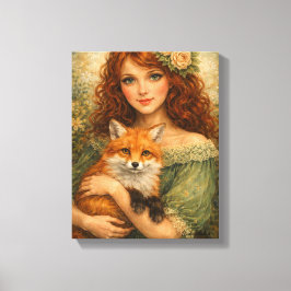 Red-Haired Girl Holding a Fox Woodland Fantasy Leinwanddruck