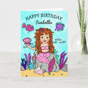 Red Haired Mermaid Happy Birthday Card Karte