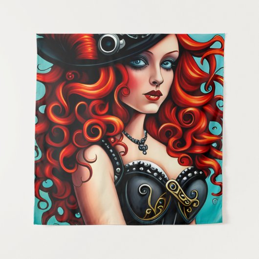 Red Haired Steampunk Woman Wandteppich (Vorderseite)