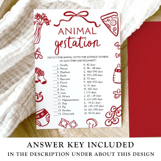 Red Hand Drawing Animal Gestation Baby Shower Game Einladung