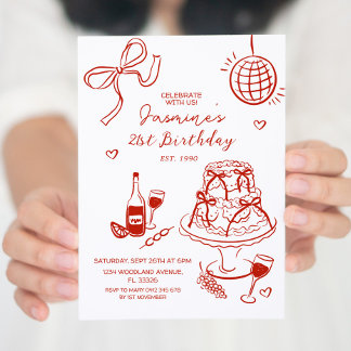 Red Hand Drawn 21., 30., 40., 50., Geburtstag Einladung