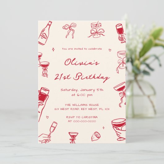 Red Hand Drawn Adult Birthday Party Einladung (Stehend Vorderseite)