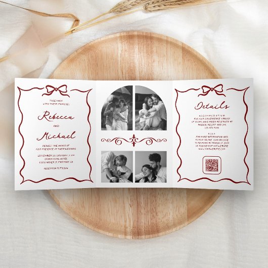 Red Hand Drawn Bow QR Code Photo Wedding Dreifach Gefaltete Einladung