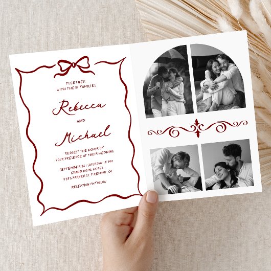 Red Hand Drawn Bow QR Code Photo Wedding Einladung