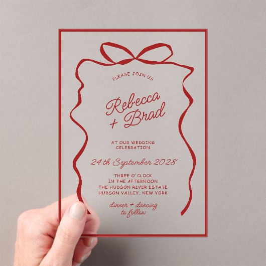 Red Hand Drawn Bow Ribbon Sketch Hochzeit Acryleinladungen (Insitu (Handheld))