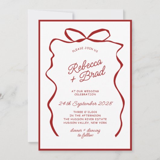 Red Hand Drawn Bow Ribbon Sketch Hochzeit Einladung (Vorderseite)