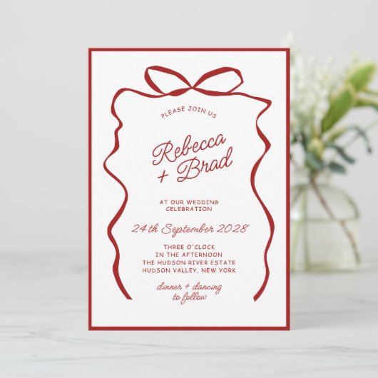 Red Hand Drawn Bow Ribbon Sketch Hochzeit Einladung (Stehend Vorderseite)