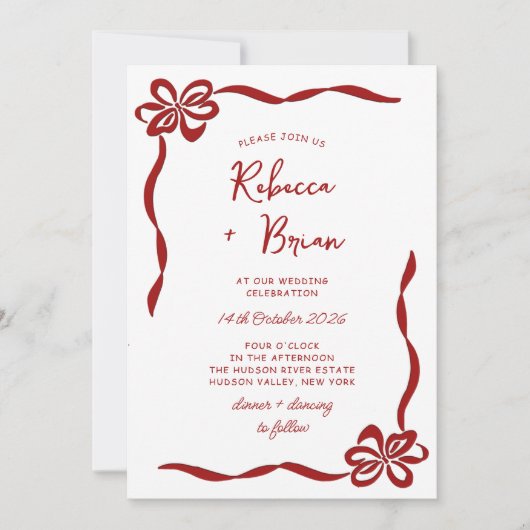 Red Hand Drawn Bow Ribbon Sketch Hochzeit Einladung (Vorderseite)