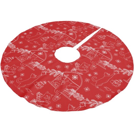 Red Hand drawn cats & Christmas tree Polyester Weihnachtsbaumdecke (Schrägansicht)