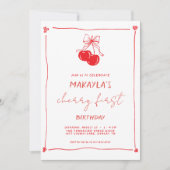 Red Hand Drawn Cherry First 1st Birthday Einladung (Vorderseite)